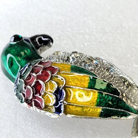 Huge Tropical Parrot Bird Blue Green Guilloche Enamel Rhinestones Brooch - Picture 10 of 16